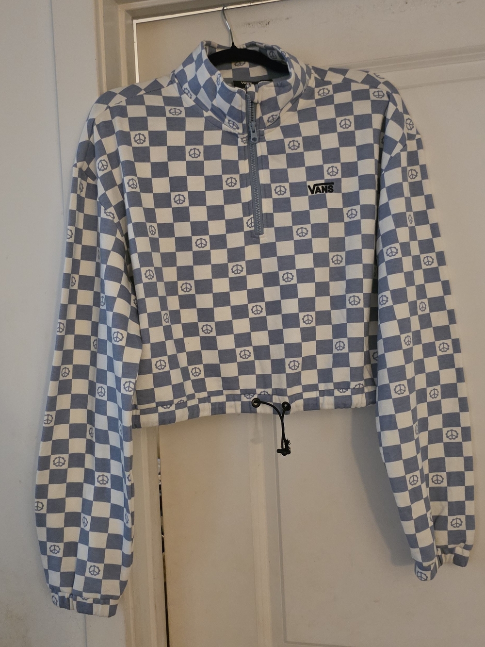 Vans Women's Checkerboard Half-Zip Cropped Sweatshirt in Light Blue & White